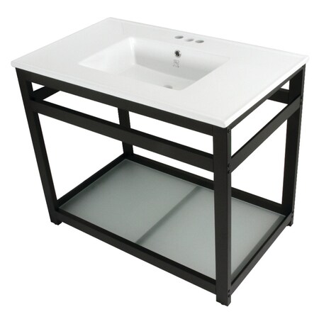 Kingston Brass 37Inch Ceramic Console Sink 4Inch, 3Hole, WhiteMatte Black VWP3722W4B0